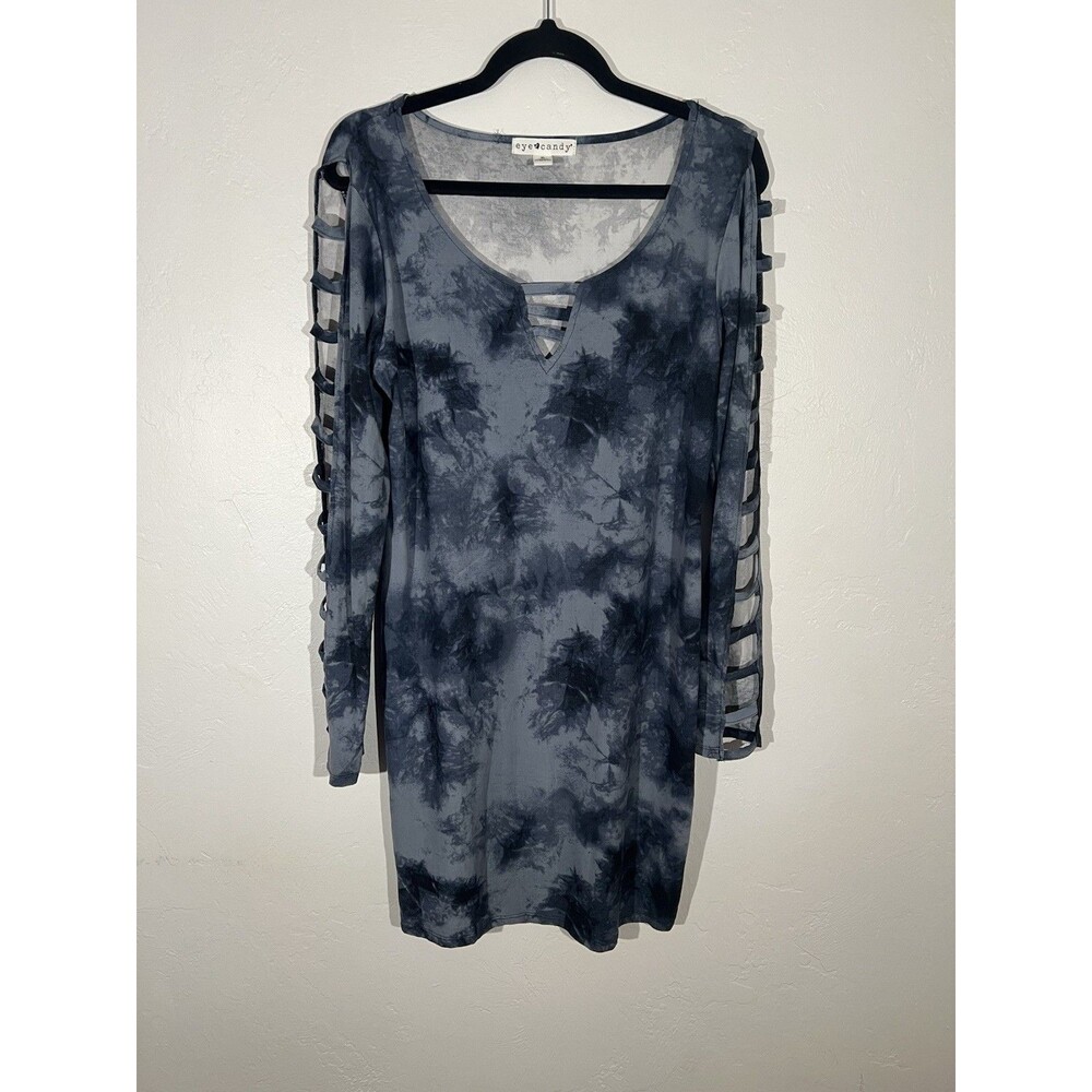 Eye Candy XL Blue Tie Dye Ladder Sleeve Tunic Dress Goth Grunge Stretch Mini